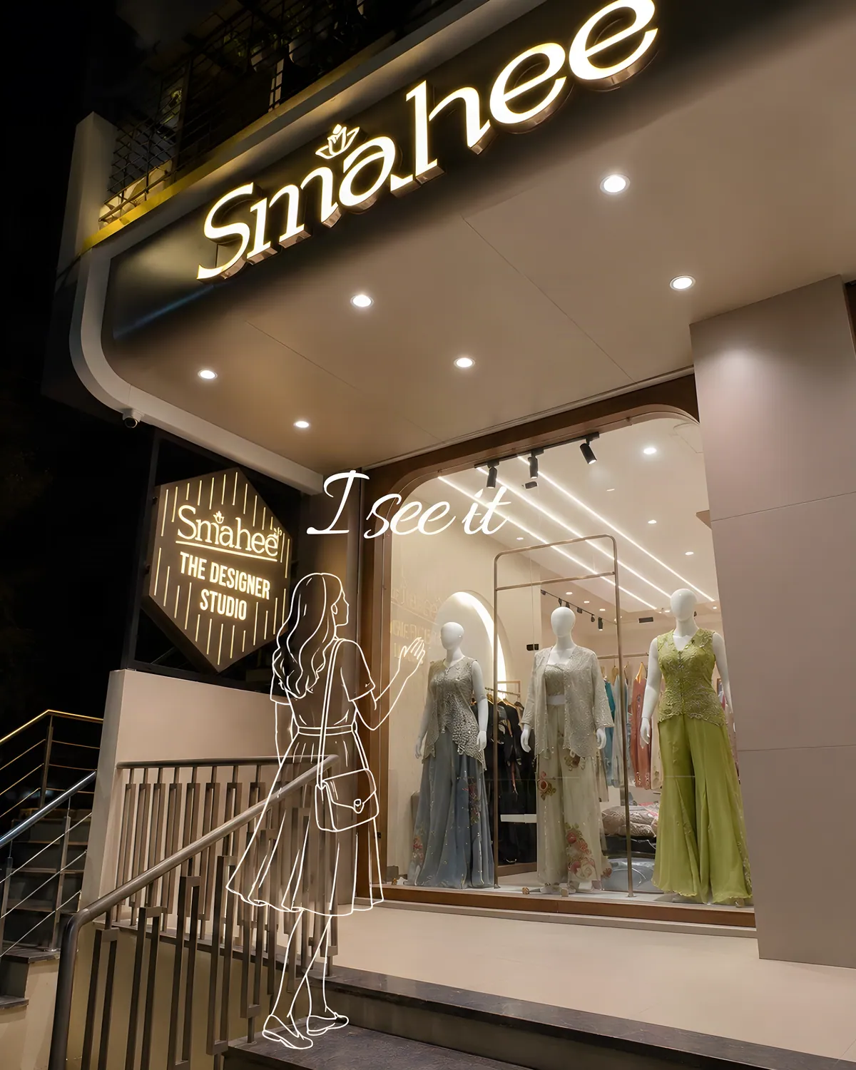 Smahee Designer Studio storefront at night